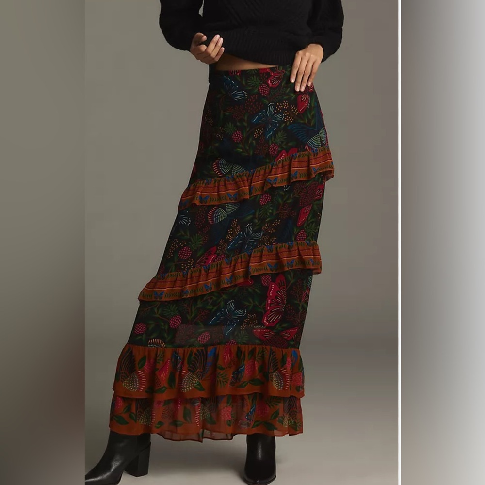 Farm Rio, Black Butterfly & Floral Tiered Maxi Skirt, Size XS | 7637